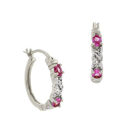 Sterling Silver .925 Created Pink Sapphire Genuine Diamond Accent Stone Oval X Shape Pattern Hoop Earrings