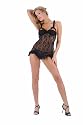 2 PC. Underwired Venetian lace chemise with open half cup, satin bow detail, and matching G-string.