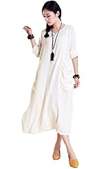 V-neck Cotton/Linen Long Sleeves Spring  Dress