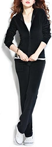 ReliBeauty Womens Pure Color Hood Velour Tracksuit Set Sports Jacket (XXX-Large, Black)