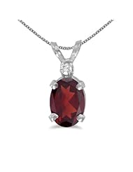 10k White Gold Oval Garnet And Diamond Pendant with 16" Chain