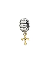 Zable (tm) 14k Cross Dangle Pandora Compatible Bead / Charm in 925 Silver and 14k Yellow Gold