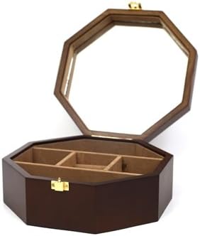 Novell Collection Wooden Jewelry Box in Octagon Shape, with Lifting Lid with Mirror (Dark Brown)