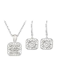 Sterling Silver Diamond Necklace and Lever Back Earrings Sets - 0.10 CT TW