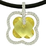14K White Gold Flower-Shaped Pendant, Centered with a Lemon-Quartz Semi-Precious Color Stone and Enhanced with Pave Set Diamonds, Sliding on a Rubber Chain Set with a 14K White Gold Clasp.
