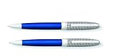 Cross Hamilton Ballpoint and Pencil Set, Chrome With Checkered Engraved Pattern Cap and Midnight Blue Lacquer Barrel