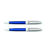 Cross Hamilton Ballpoint and Pencil Set, Chrome with Checkered Engraved Cap and Midnight Blue Lacquer Barrel