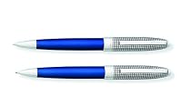 Cross Hamilton Ballpoint and Pencil Set, Chrome with Checkered Engraved Cap and Midnight Blue Lacquer Barrel