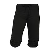 Black solid color Touchdown Elasticized Knee Fleece Capris with wide waistband.