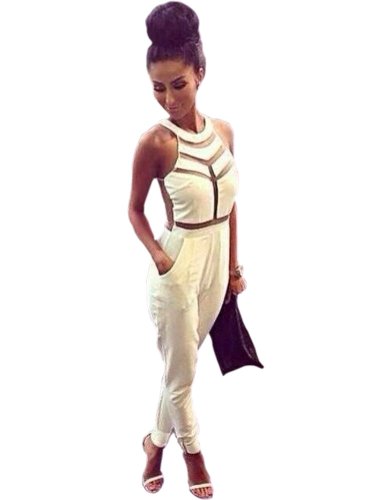 GALHAM - White S Net Yarn See-through Splicing Halter Jumpsuit