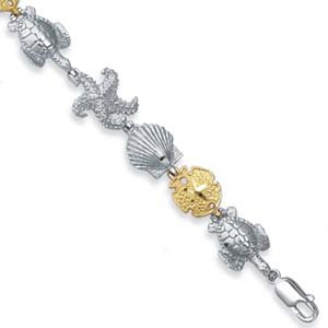 Sterling Silver and 14k Sealife Charm Bracelet - 7.5 Inch by
