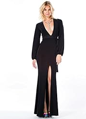 Plunging Neck Natural   Waistline Bell Sleeves Polyester/Spandex Maxi Dress 