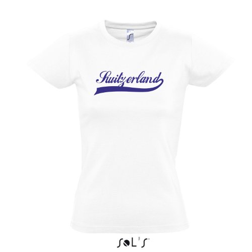 Damen T-Shirt – Switzerland Oldschool Schweiz LÄNDERSHIRT EM / WM FAN Trikot S-XXL , White – blau , L