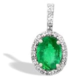 14K White Gold Genuine Oval Emerald and Diamond Pendant