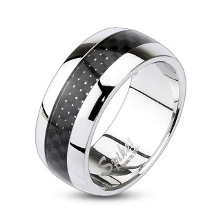 STR-0110 Stainless Steel Carbon Fiber Inlay Center Dome Band Ring 7mm Sz 5-8, 9mm Sz 9-13