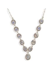 Sterling Silver Link Necklace with Oxidized Faceted Rainbow Moonstones