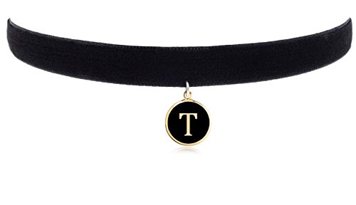 Cozylife 3/8" Girls Black Velvet Choker Necklace with 26 Letter Pendant (T)