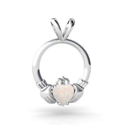 14K White Gold Genuine Heart Opal and Diamond Celtic Claddagh Pendant