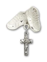 Sterling Silver Baby Badge with Crucifix Charm and Baby Boots Pin
