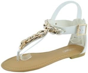 Women's Sandals Chain Embellishment Gladiator T-Strap Flats (AS-22) White 8 M US