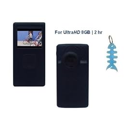Silicone Skin Case (Black) + Light Blue Fishbone Style Keychain for Flip Ultra HD Video Camcorder 8GB, 2 hours (3rd Generation)