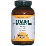 Country Life, Gluten Free, Betaine Hydrochloride, with Pepsin, 250 Tablets