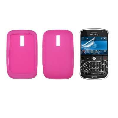 Hot Pink Soft Silicone Gel Skin Cover Case + LCD Screen Protector for Blackberry Bold 9000