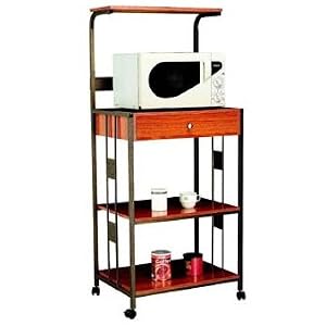 Light Oak Maple Stain Rolling Kitchen Microwave Cart with Power Strip by The Furniture Cove