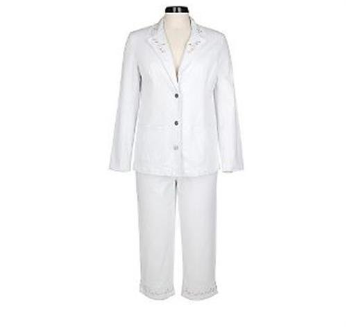 Denim & Co. Stretch White Denim Embroidered 3 Button Blazer and Original Waist Crop Pants (XL Misses 18 20)