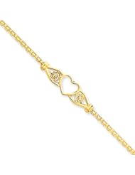 14k Gold Polished Antiqued Heart Anklet, 10 inch
