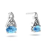 14K White Gold Oval Genuine Blue Topaz Celtic Knot Earrings
