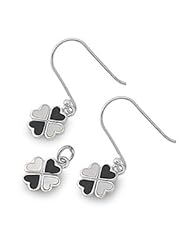 Sterling Silver Black Onyx & Mother of Pearl Clover Earrings and Necklace Jewelry Set