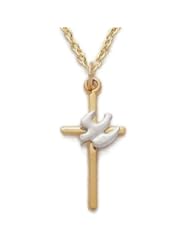 14K Gold over Sterling Silver Holy Spirit Peace Dove Pendant Necklace in a 2-Tone Cross Design Christian Jewelry Womens Methodist w/Chain 18" Length Gift Boxed.