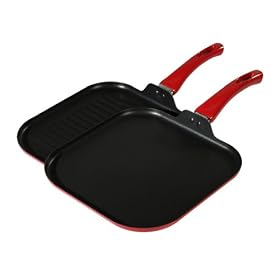 Basic Essentials Set of 2 Aluminum Square Grill Griddle Set, Red by Basic Essentials