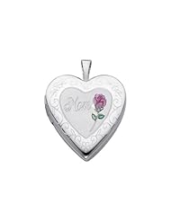Sterling Silver Pink Enamel Engraved Heart "Mom" Locket Pendant (0.8" or 20mm Height)