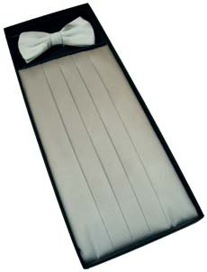 Silver Satin Silk Cummerbund & Bow Tie by KJ Beckett