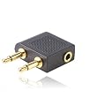 Gold Plated Airplane Headphone Socket Adaptor / Aircraft / Airplane / Airline Headphone Adaptor - Twin 3.5mm Mono Jack Plugs to 3.5mm Stereo Jack Socket - For use on most major airlines - Comaptibles E-Shop