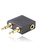 Gold Plated Airplane Headphone Socket Adaptor / Aircraft / Airplane / Airline Headphone Adaptor - Twin 3.5mm Mono Jack Plugs to 3.5mm Stereo Jack Socket - For use on most major airlines
