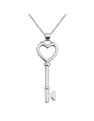 .925 Sterling Silver Rhodium Plated Key to My Heart Pendant Necklace with 1.2mm Cable Rolo Chain - 16"+2" Inches Extension