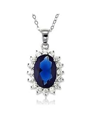 Sterling Silver Oval Blue Sapphire and CZ Princess Diana/Kate Middleton Pendant with Chain