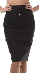 IMHighButtonI-9415 Petite High Waist Stretch Pencil Skirt with Four Button Detail - Black / M