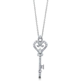 Sterling Silver 925 Cubic Zirconia CZ Heart Shape Key Pendant Necklace