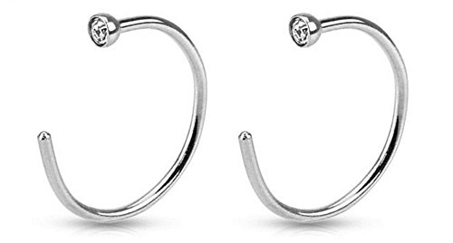 (2pcs) 22g Clear Gemmed Top 316L Surgical Steel Nose Ring Piercing Hoop 5/16