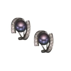C.Z. AND BLACK PEARL CLIP POST RHODIUM PLATED (.925) STERLING SILVER EARRINGS by Jewels Lovers
