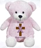 Stuffed plush teddy bear with custom embroidered Christian Breast Cancer Survivor support ribbon design