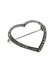 Large Sterling Silver Open Marcasite Heart Brooch Pin