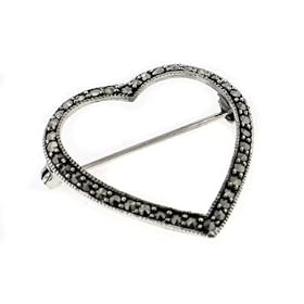 Large Sterling Silver Open Marcasite Heart Brooch Pin by Silver Insanity