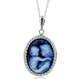 14K White Gold Mother Holding Child Cameo Pendant w/chain 18"