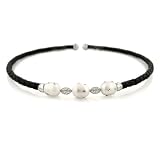 Woven Black Leatherette Coil White Freshwater Cultured Pearl and Cubic Zirconia Necklace, 17.75