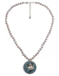 Yellow Gold Filled Champagne Freshwater Cultured Pearl Necklace with Cloisonné Flower Pendant, 16-18"